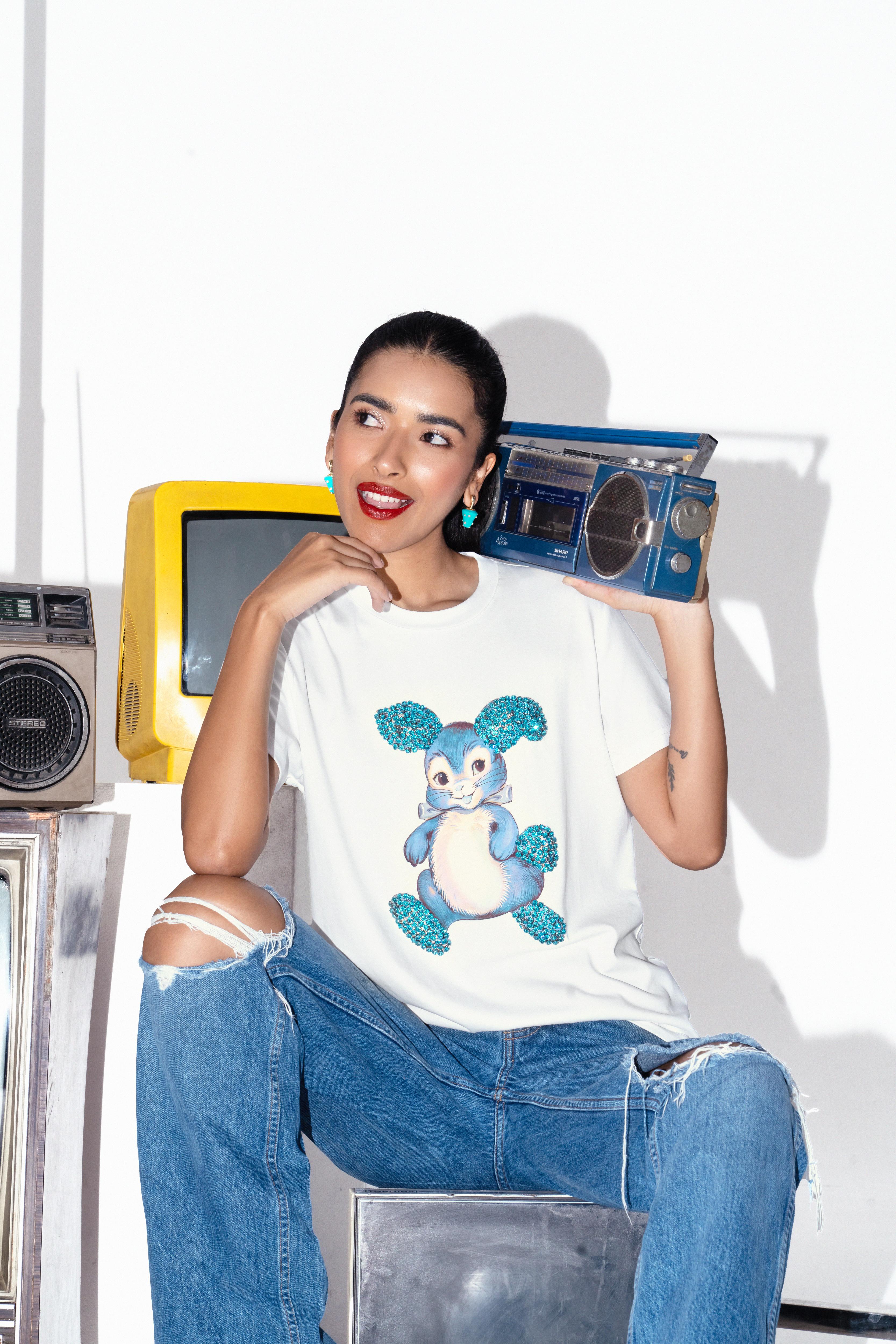 Sahi London Bunny Graphic Embroidered Women’s Cotton T-Shirt - Gray - Large